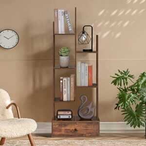 WEENFON Unique Bookcase with 1 Large Drawer, Tree-Shaped Bookshelf with 7 Storage Shelves, Open Standing Bookshelf for Bedroom, Living Room, Office, Rustic Brown