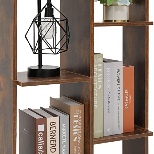 WEENFON Unique Bookcase with 1 Large Drawer, Tree-Shaped Bookshelf with 7 Storage Shelves, Open Standing Bookshelf for Bedroom, Living Room, Office, Rustic Brown