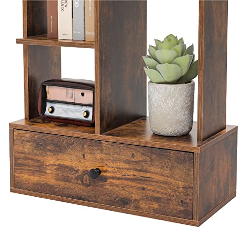 WEENFON Unique Bookcase with 1 Large Drawer, Tree-Shaped Bookshelf with 7 Storage Shelves, Open Standing Bookshelf for Bedroom, Living Room, Office, Rustic Brown