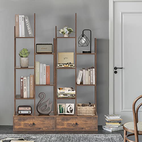 WEENFON Unique Bookcase with 1 Large Drawer, Tree-Shaped Bookshelf with 7 Storage Shelves, Open Standing Bookshelf for Bedroom, Living Room, Office, Rustic Brown