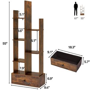 WEENFON Unique Bookcase with 1 Large Drawer, Tree-Shaped Bookshelf with 7 Storage Shelves, Open Standing Bookshelf for Bedroom, Living Room, Office, Rustic Brown