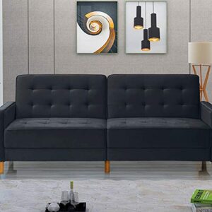 LTT Futon Sofa Bed, Sleeper Sofa, Square Arms Modern Velvet Upholstered Sofa Bed Black(78" Lx37 Wx34 H)