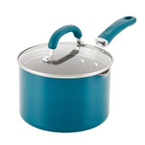 rachael ray 12020 create delicious nonstick sauce pan / saucepan with straining and lid, 3 quart - teal shimmer