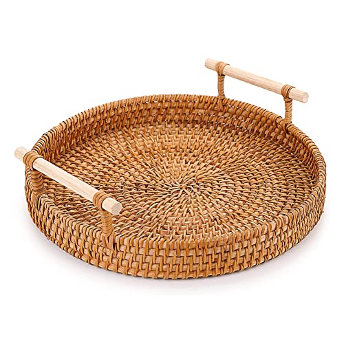 Rattan Tray 8.7-Inch Round Serving Tray Decorative Trays for Coffee Table Decorative Tray | Woven Tray for Bread, Wicker Tray Coffee Table Basket Tray with Handles for Fruit Vegetables Restaurant etc.