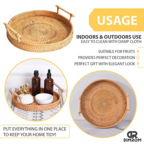 Rattan Tray 8.7-Inch Round Serving Tray Decorative Trays for Coffee Table Decorative Tray | Woven Tray for Bread, Wicker Tray Coffee Table Basket Tray with Handles for Fruit Vegetables Restaurant etc.