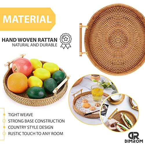 Rattan Tray 8.7-Inch Round Serving Tray Decorative Trays for Coffee Table Decorative Tray | Woven Tray for Bread, Wicker Tray Coffee Table Basket Tray with Handles for Fruit Vegetables Restaurant etc.