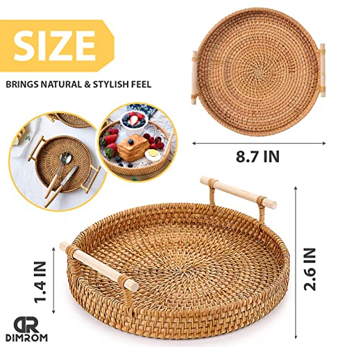 Rattan Tray 8.7-Inch Round Serving Tray Decorative Trays for Coffee Table Decorative Tray | Woven Tray for Bread, Wicker Tray Coffee Table Basket Tray with Handles for Fruit Vegetables Restaurant etc.