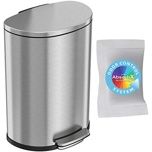 iTouchless Semi-Round SoftStep 13.2 Gallon Step Trash Can with Odor Filter, 50 Liter Fingerprint Proof Stainless Steel Pedal Garbage Bin, Space-Saving Design for Kitchen, Office, Home