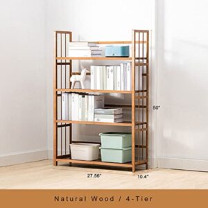 IOTXY Adjustable Bamboo Open Bookshelf - Medium 4-Tier Free Standing Storage Rack, Multifunctional Display Stand for Bookcase, Home and Office, Light Brown