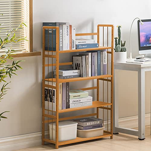 IOTXY Adjustable Bamboo Open Bookshelf - Medium 4-Tier Free Standing Storage Rack, Multifunctional Display Stand for Bookcase, Home and Office, Light Brown