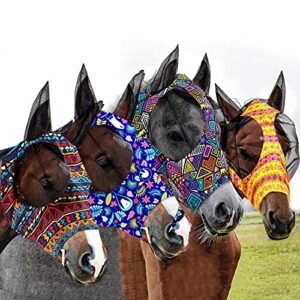 4 pieces horse fly mask with ears horse supplies face covering elasticity smooth and comfortable horse mask with uv protection for horses (flower, large)