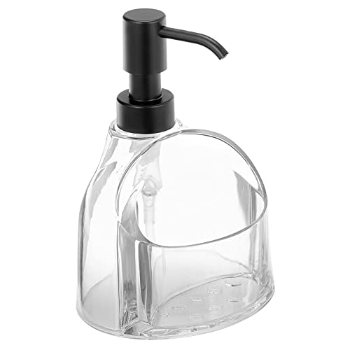 mDesign Modern Plastic Kitchen Sink Countertop Liquid Hand Soap Dispenser Pump Bottle Caddy with Storage Compartment - Holds and Stores Sponges, Scrubbers and Brushes - Clear/Black