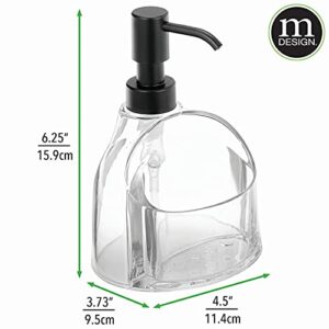 mDesign Modern Plastic Kitchen Sink Countertop Liquid Hand Soap Dispenser Pump Bottle Caddy with Storage Compartment - Holds and Stores Sponges, Scrubbers and Brushes - Clear/Black