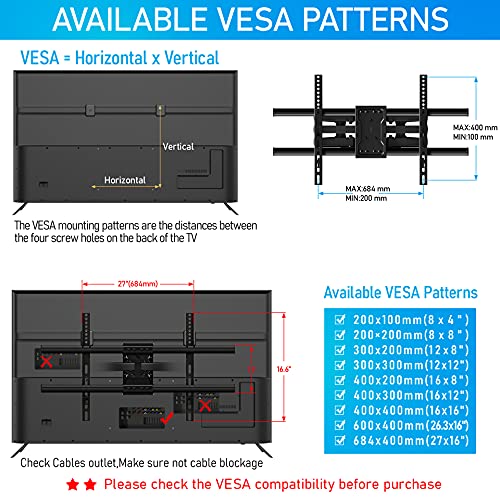 C-MOUNTS Full Motion TV Wall Mount Bracket Dual Articulating Arms Swivels Tilts Rotation for Most 37-75 Inch Flat Curved TVs,Holds up to 110lbs, Max VESA 684x400mm,Fits up to 16" Studs