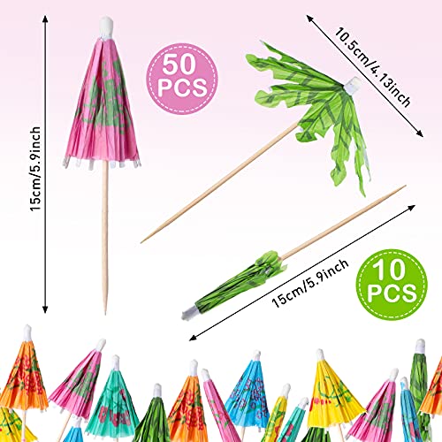 160 Pieces Cocktail Picks 4.7 Inch Fruit Sticks Bamboo Toothpicks Green Tropical Coconut Palm Summer Day Paper Umbrellas and Colorful Drink Umbrellas for Luau Hawaii Beach Party (Mixed Style)