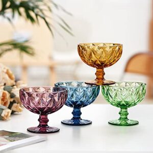 TIMEFOTO Ice Cream Glass Bowls Set of 4 Colored Dessert Bowls 7.5 Oz Vintage Diamond Glass with Footed Sundae Snack Cups for Farmhouse Holiday Party