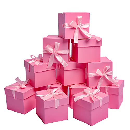 GP SUP 12 Pcs Squared Boxes with Lids,Pink Kraft Gift Boxes for Birthdays Christmas,Mother's Day (Pink, 4”×4”×4”)