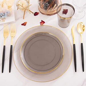 Supernal 180pcs Black Plastic Dinnerware Set,Black Plastic Plates,Clear Plastic Plates with Gold Rim,Gold Plastic Silverware,Black Clear Gold Cups for Christmas, Thanksgiving, Halloween