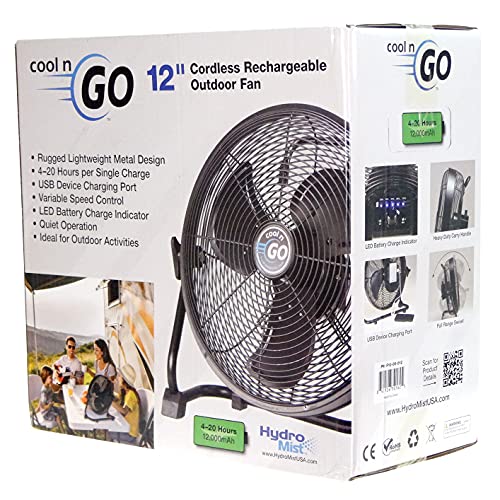 HydroMist 12" Cool n Go Cordless Rechargeable Outdoor Fan, Ultra-portable and Rechargeable Battery-Powered Fan, USB Charging Port, Outdoor-Rated, Black