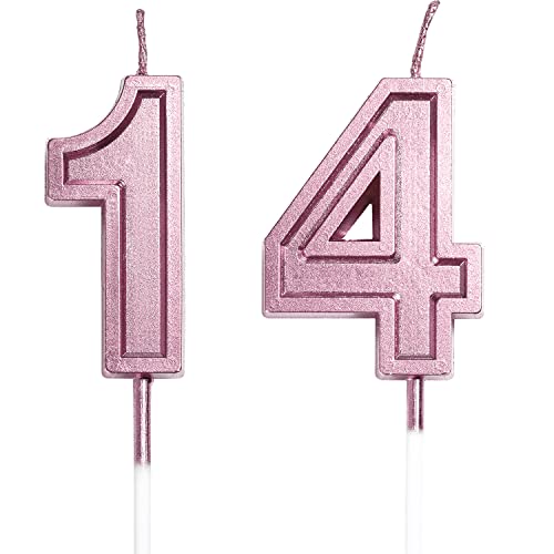 14th Birthday Candles Cake Numeral Candles Happy Birthday Cake Candles Topper Decoration for Birthday Wedding Anniversary Celebration Supplies (Rose Gold)