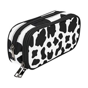 cow pencil case for teen girls boys, anangtee black and white print fur tote small makeup bag for women, school stationery accessory zipper large pouch, office organizer soft travel toiletry 10