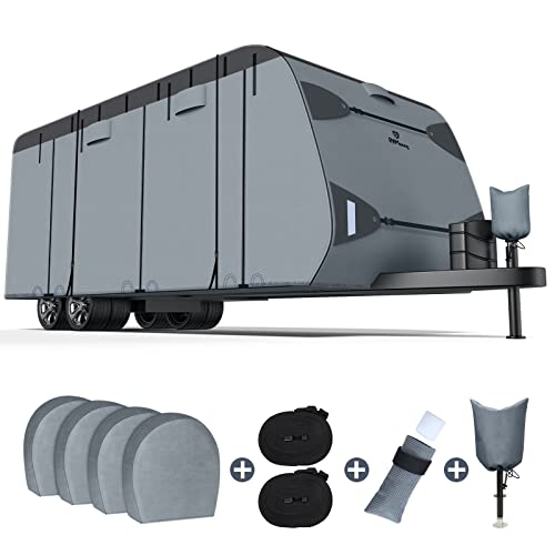 RVMasking 7 Layers top RV Travel Trailer Cover Rip-Stop Waterproof Camper Cover Fits 24‘1”-26' Motorhome - Anti-UV Windproof Breathable with 4 Tire Covers & Tongue Jack Cover