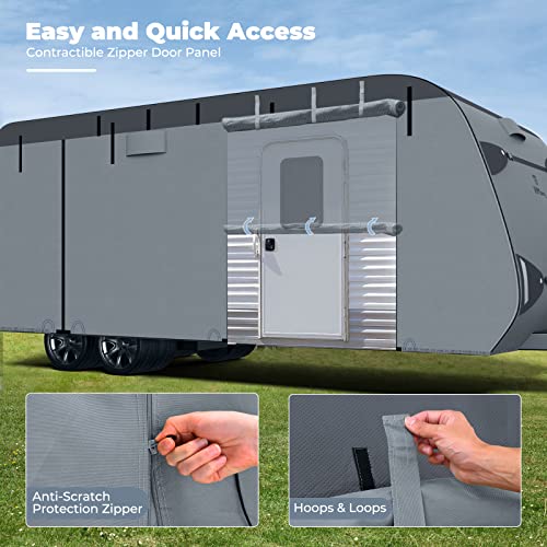 RVMasking 7 Layers top RV Travel Trailer Cover Rip-Stop Waterproof Camper Cover Fits 24‘1”-26' Motorhome - Anti-UV Windproof Breathable with 4 Tire Covers & Tongue Jack Cover