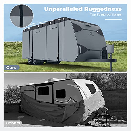 RVMasking 7 Layers top RV Travel Trailer Cover Rip-Stop Waterproof Camper Cover Fits 24‘1”-26' Motorhome - Anti-UV Windproof Breathable with 4 Tire Covers & Tongue Jack Cover