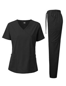 dagacci medical uniform women's fitted 4-way stretch y neck natural stretch scrub set, black, m