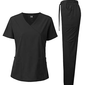 Dagacci Medical Uniform Women's Fitted 4-Way Stretch Y Neck Natural Stretch Scrub Set, Black, M