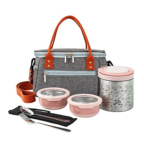 Lille Home Lunch Box Set, A Vacuum Insulated Bento/Snack Box Keeping Food Warm for 4-6 Hours, Two Stainless Steel Food Containers, A Lunch Bag, A Portable Cutlery Set (Pink)