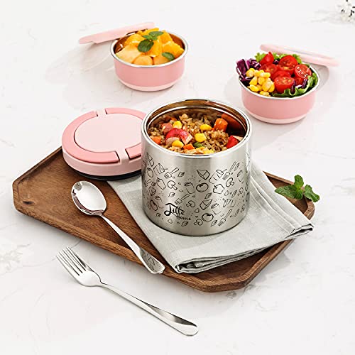 Lille Home Lunch Box Set, A Vacuum Insulated Bento/Snack Box Keeping Food Warm for 4-6 Hours, Two Stainless Steel Food Containers, A Lunch Bag, A Portable Cutlery Set (Pink)