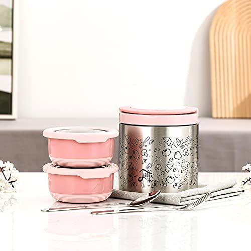 Lille Home Lunch Box Set, A Vacuum Insulated Bento/Snack Box Keeping Food Warm for 4-6 Hours, Two Stainless Steel Food Containers, A Lunch Bag, A Portable Cutlery Set (Pink)