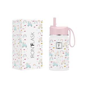 iron °flask kids water bottle - 14 oz, straw lid, 20 name stickers, vacuum insulated stainless steel, double walled tumbler travel cup, thermo mug, metal canteen llama rainbows