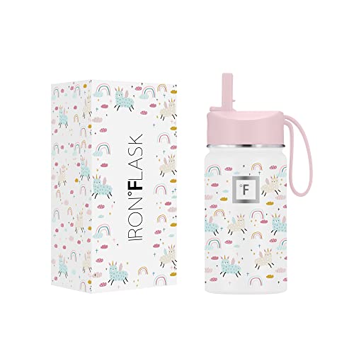 IRON °FLASK Kids Water Bottle - 14 Oz, Straw Lid, 20 Name Stickers, Vacuum Insulated Stainless Steel, Double Walled Tumbler Travel Cup, Thermo Mug, Metal Canteen Llama Rainbows