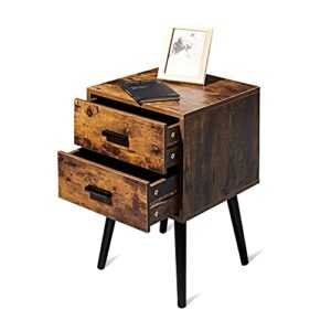 Hoorlang Wooden Night Stand with 2 Drawers Storage Cabinet, Bedside Table for Bedroom Or Mid-Century End Table for Living Room-Rustic Brown HLET03F