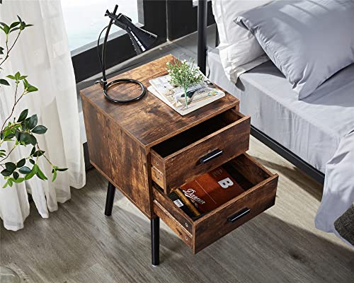 Hoorlang Wooden Night Stand with 2 Drawers Storage Cabinet, Bedside Table for Bedroom Or Mid-Century End Table for Living Room-Rustic Brown HLET03F