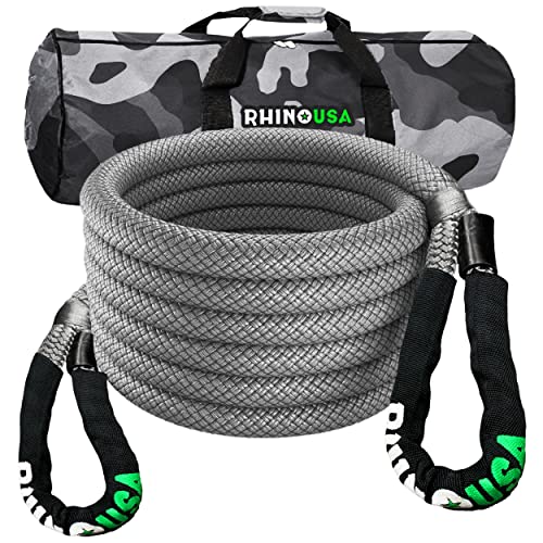 Rhino USA Kinetic Recovery Tow Rope (1in x 30ft Gray) Heavy Duty Offroad Snatch Strap for UTV, ATV, Truck, Car, Jeep, Tractor - Ultimate Elastic Straps Towing Gear - Guaranteed for Life!