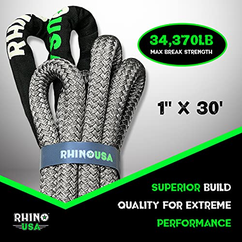 Rhino USA Kinetic Recovery Tow Rope (1in x 30ft Gray) Heavy Duty Offroad Snatch Strap for UTV, ATV, Truck, Car, Jeep, Tractor - Ultimate Elastic Straps Towing Gear - Guaranteed for Life!