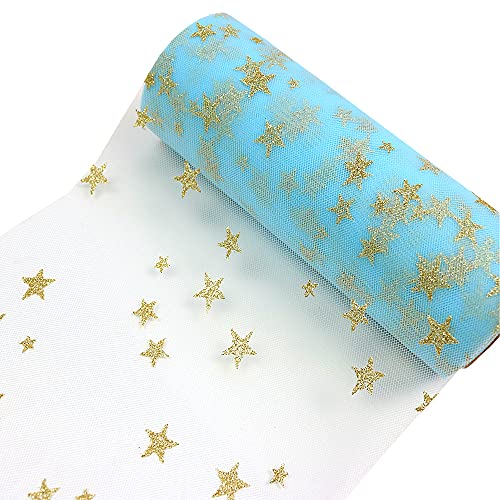 Yuanchuan Golden Star Glitter Tulle Rolls 6 inch x 10 Yards (30 feet) Blue Tulle Rolls Spool Fabric Tutu for DIY Skirts Wedding Gift Wrap Sewing Crafting Bow Bridal Decorations Birthday Party (Blue)