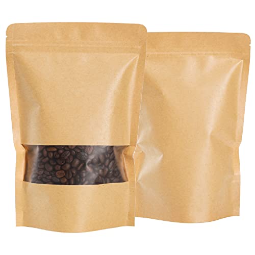 Kingrol 150 Count 5.9 x 8.6 Inch Kraft Paper Bags with Resealable Lock Seal Zipper &Transparent Window, Stand Up Food Bags