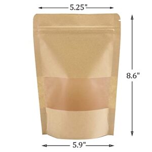 Kingrol 150 Count 5.9 x 8.6 Inch Kraft Paper Bags with Resealable Lock Seal Zipper &Transparent Window, Stand Up Food Bags