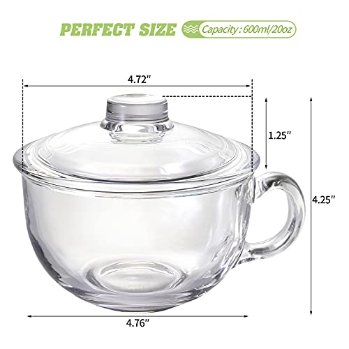 Glass Cereal Bowl Glass Soup Bowl with Handle, Clear Small Bowls with Glass Lid Oatmeal Breakfast Bowls Microwave Safe Glassware Yogurt Bowl for Dessert Pasta Rice,500ml/16 oz