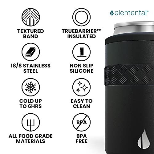 Elemental Stainless Steel Can Cooler, Triple Wall Insulated Beverage Insulator - Drink Sleeve for 12oz Regular Cans - Black