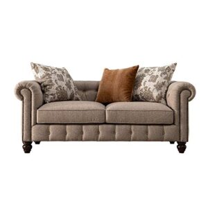 acanva chesterfield tufted sofa with scroll arms, nailhead trim linen upholstered, 70" w loveseat, brown