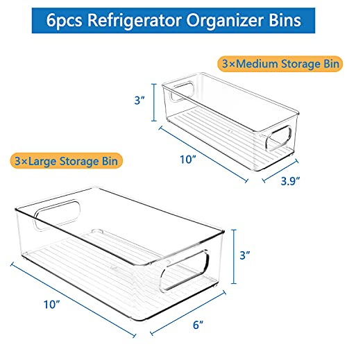 Refrigerator Organizer Bins, BS One Set of 6 Fridge Organizers and Storage Clear, Stackable Storage Bins for Kitchen, Bathroom, Bedroom, Cabinet, Countertops, Freezer and Pantry