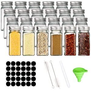 30 pack 6oz glass spice jars bottles, empty square containers with silver airtight metal caps and pour/sift shaker lid - 30 black labels,1 chalk marker,1 silicone collapsible funnel,2 brush included