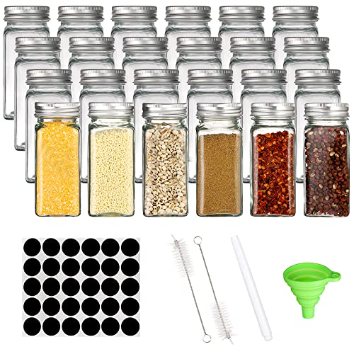 30 Pack 6oz Glass Spice Jars Bottles, Empty Square Containers with Silver Airtight Metal Caps and Pour/Sift Shaker Lid - 30 Black Labels,1 Chalk Marker,1 Silicone Collapsible Funnel,2 Brush Included