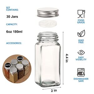 30 Pack 6oz Glass Spice Jars Bottles, Empty Square Containers with Silver Airtight Metal Caps and Pour/Sift Shaker Lid - 30 Black Labels,1 Chalk Marker,1 Silicone Collapsible Funnel,2 Brush Included