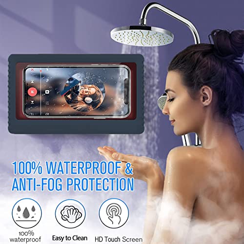 QeeHeng 2 Stickers Shower Phone Holder Waterproof Bathroom Mobile Phone Shell Anti-Fog Case for Shower,Kitchen Wall Mounted,6.8 Inch Support Touch Screen(Blue)